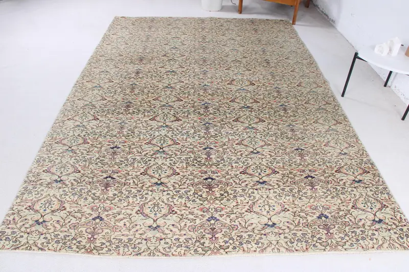 El Yapımı Bej ve Mavi Oryantal Halı, 5,2x9,4 ft