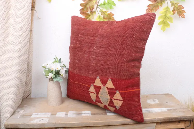 18x18 Red Cushion, Pillow Cover, Boho Pillow Sham Cover, Vintage Kilim Throw Pillow, Antique Pillows, Vintage Kilim Pillow Cushion - 4