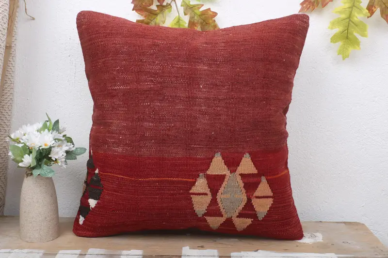18x18 Red Cushion, Pillow Cover, Boho Pillow Sham Cover, Vintage Kilim Throw Pillow, Antique Pillows, Vintage Kilim Pillow Cushion - 2