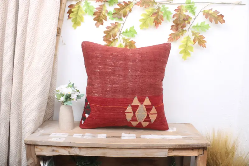 18x18 Red Cushion, Pillow Cover, Boho Pillow Sham Cover, Vintage Kilim Throw Pillow, Antique Pillows, Vintage Kilim Pillow Cushion - 1