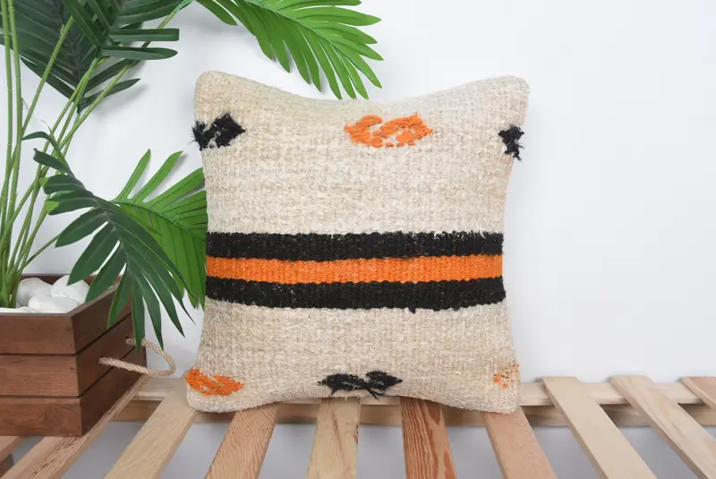 Knitted Cushion, Throw Kilim Pillow, Pillow Sham, Wool Kilim Pillow Cushion Cover, 14x14 Beige Pillow Case, Gift Pillow, Interior Designer Pillow - 1