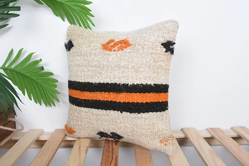 Knitted Cushion, Throw Kilim Pillow, Pillow Sham, Wool Kilim Pillow Cushion Cover, 14x14 Beige Pillow Case, Gift Pillow, Interior Designer Pillow - 5