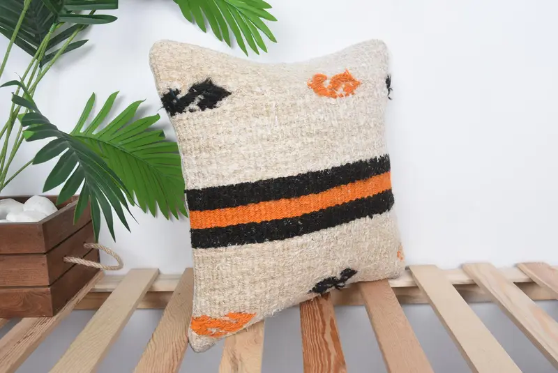 Knitted Cushion, Throw Kilim Pillow, Pillow Sham, Wool Kilim Pillow Cushion Cover, 14x14 Beige Pillow Case, Gift Pillow, Interior Designer Pillow - 4