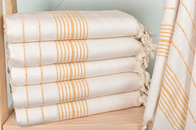 Embroidered Mustard Beach Towel Striped Linen Organic Cotton, 40x71 Inches