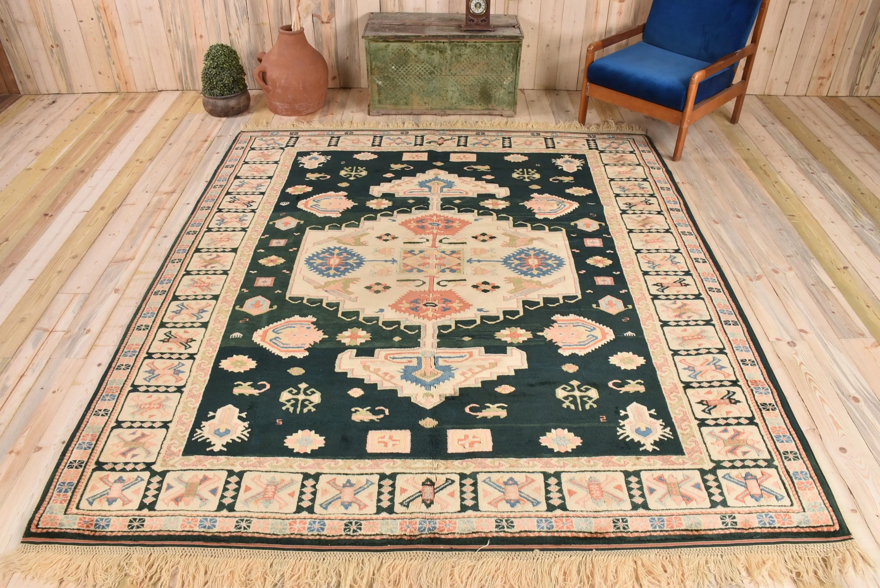 7,9x8,9 ft türkischer Vintage-Teppich, Oversize-Teppich, grüner massiver Teppich - 1