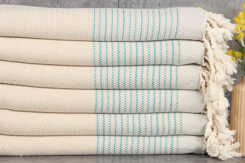Personalized Gift Box Towel Beige-Turquoise Striped Turkish Cotton, 40x63 Inches