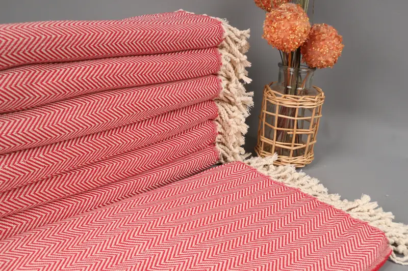 Embroidered Beach Towel Monogram Red Herringbone, 40x71 Inches