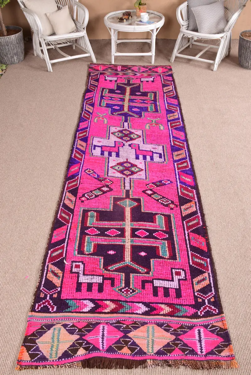 Turkish Vintage Runner Rug 2.9x11 ft (87x335 cm), Pink Camouflage Herki Rug - 1