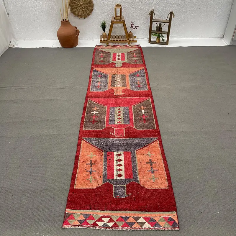 3.2x12.8 ft Rug, Runner Turkish Rug, Red Herki Rug - 1