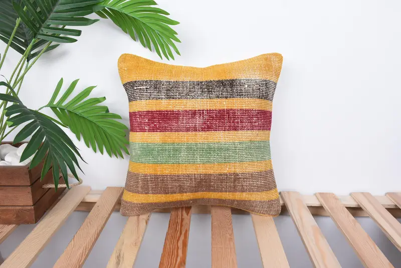 Gift Pillow, Kilim Pillow Cover, Yoga Cushion Case, 14x14 Yellow Pillow, Pillow Sham, Pastel Pillow Cover, Ethnical Kilim Rug Pillow - 1