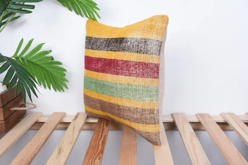 Gift Pillow, Kilim Pillow Cover, Yoga Cushion Case, 14x14 Yellow Pillow, Pillow Sham, Pastel Pillow Cover, Ethnical Kilim Rug Pillow - 5