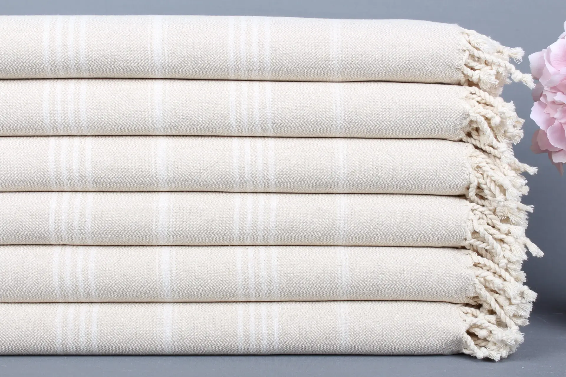 Beach Towel Organic Cotton Beige Striped, Turkish Peshtemal, 40x67 Inches - 1