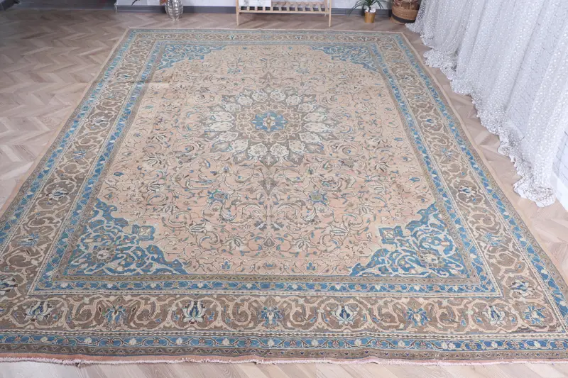 Alfombra hecha a mano de 0,8x12,8 ft, naranja vibrante y azul persa