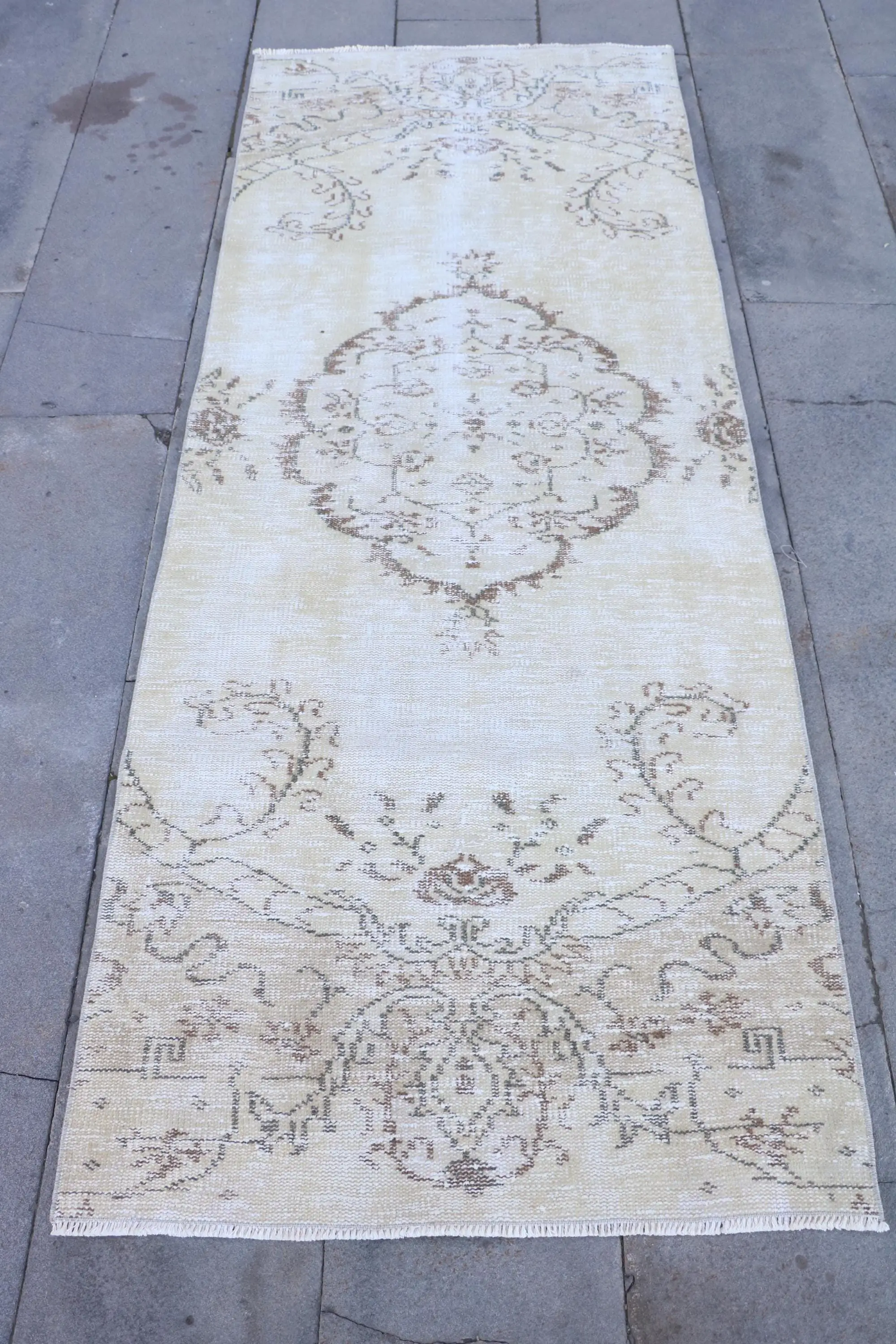 Turkish 2.8x7.1 ft Rug, Runner Vintage Rug, White Brown Plants & trees Rug - 1