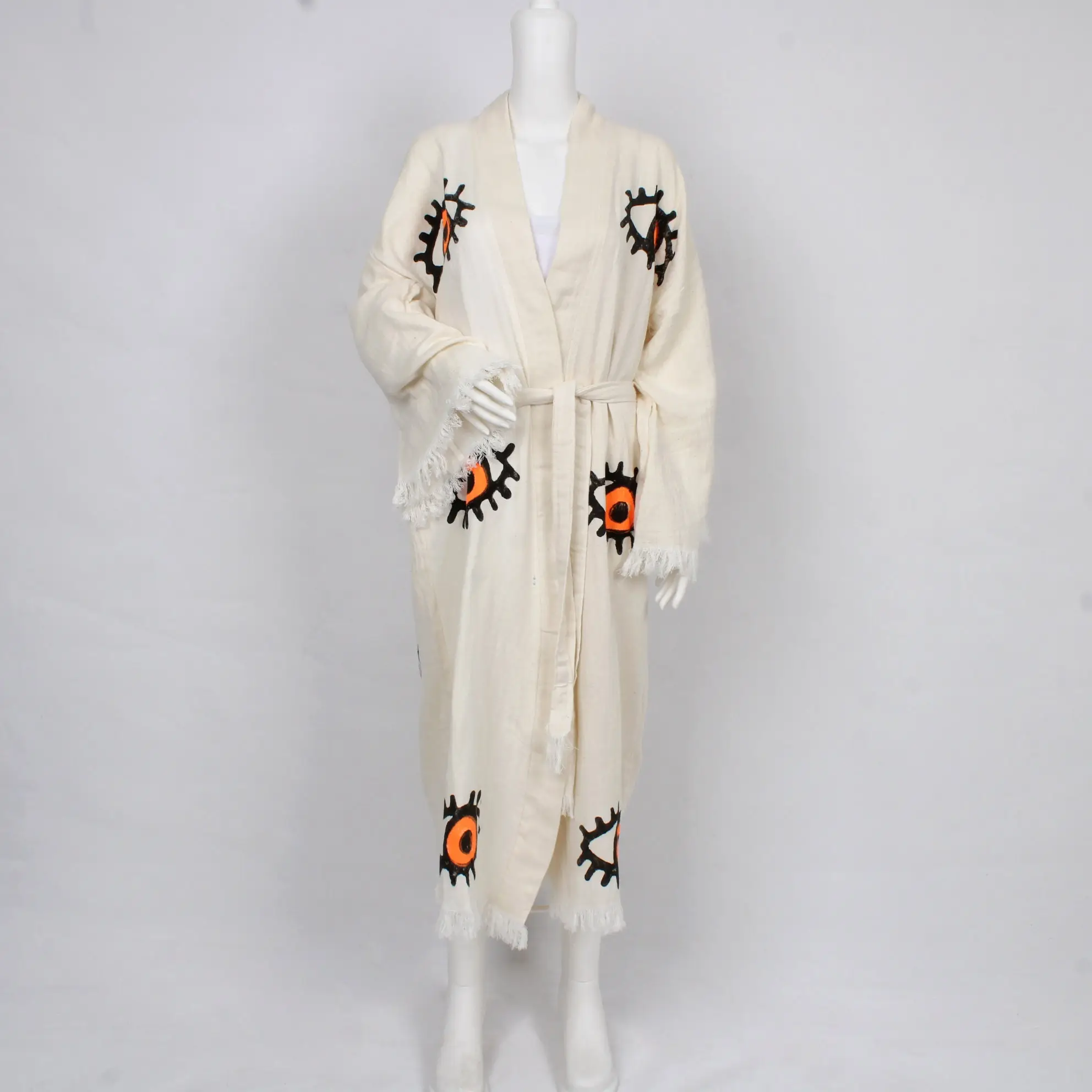Muslin Housecoat, Personalized Kimono, Beige, Orange, M/L - 1