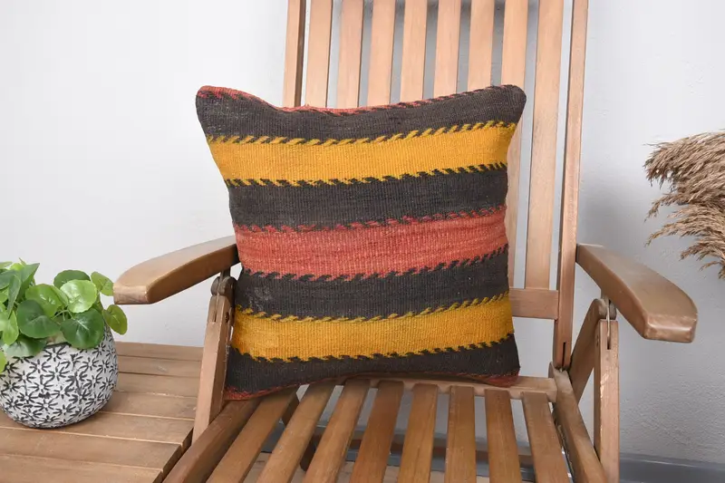 Aesthetic Pillow Case, Pillow Sham, Boho Pillow, 18x18 Yellow Cushion Case, Comfy Throw Cushion Case, Kilim Pillow, Gift Pillow, Seat Pillow - 1