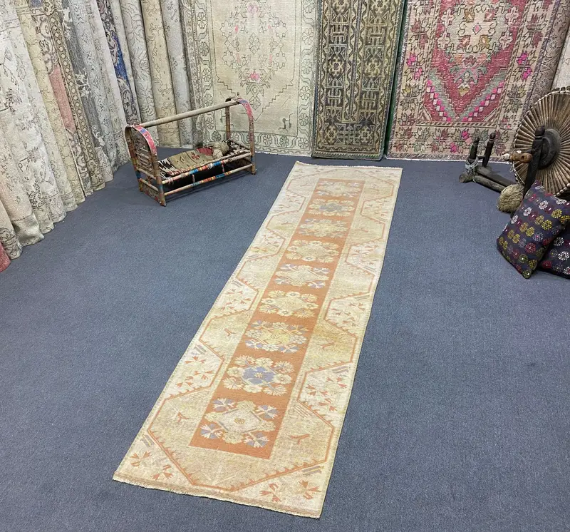 Orange & Beige Rug, 2.6x10.1 ft Floral & Geometric