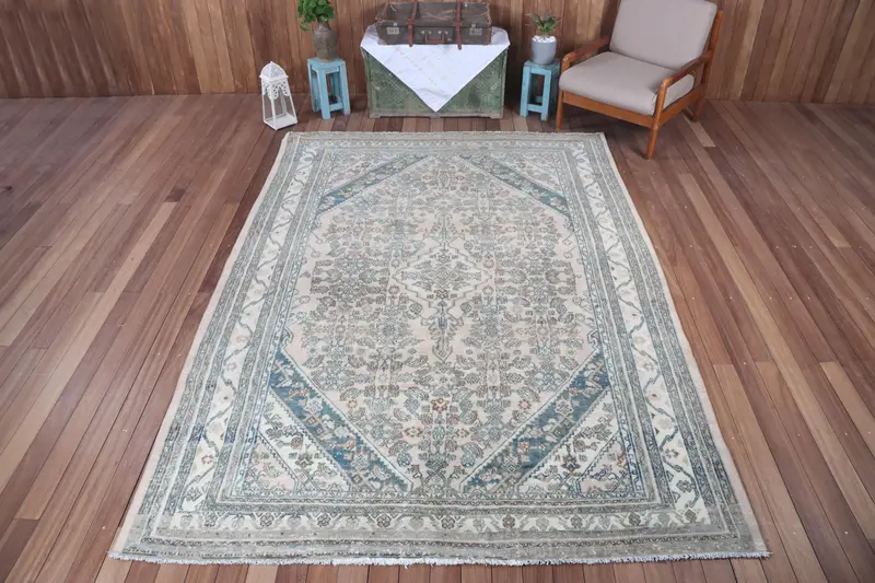 Türk Büyük Halı 6.7x9.5 ft, Vintage Oushak Bej Geometrik Yün Halı - 1