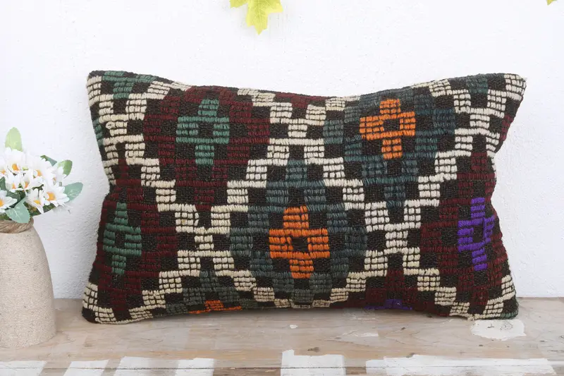 Ethnical Kilim Rug Pillow, Gift Pillow, 12x20 Green Cushion Case, Pillow Case, Kilim Pillow Cover, Turkish Rugs Pillow Case, Handwoven Pillow Cover - 2