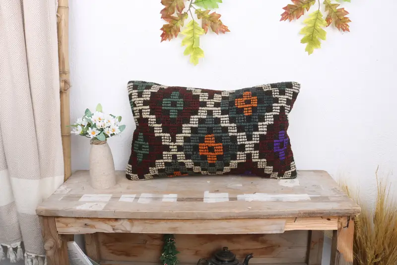 Ethnical Kilim Rug Pillow, Gift Pillow, 12x20 Green Cushion Case, Pillow Case, Kilim Pillow Cover, Turkish Rugs Pillow Case, Handwoven Pillow Cover - 1