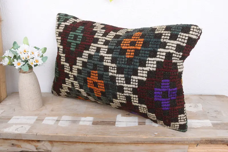 Ethnical Kilim Rug Pillow, Gift Pillow, 12x20 Green Cushion Case, Pillow Case, Kilim Pillow Cover, Turkish Rugs Pillow Case, Handwoven Pillow Cover - 4