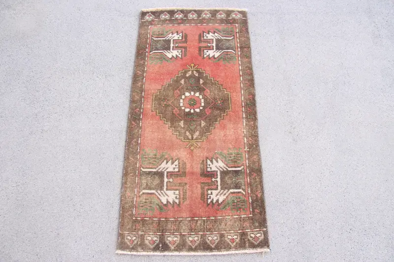 Red & Brown Rug, 1.5x3.2 ft Plant & Tree Design