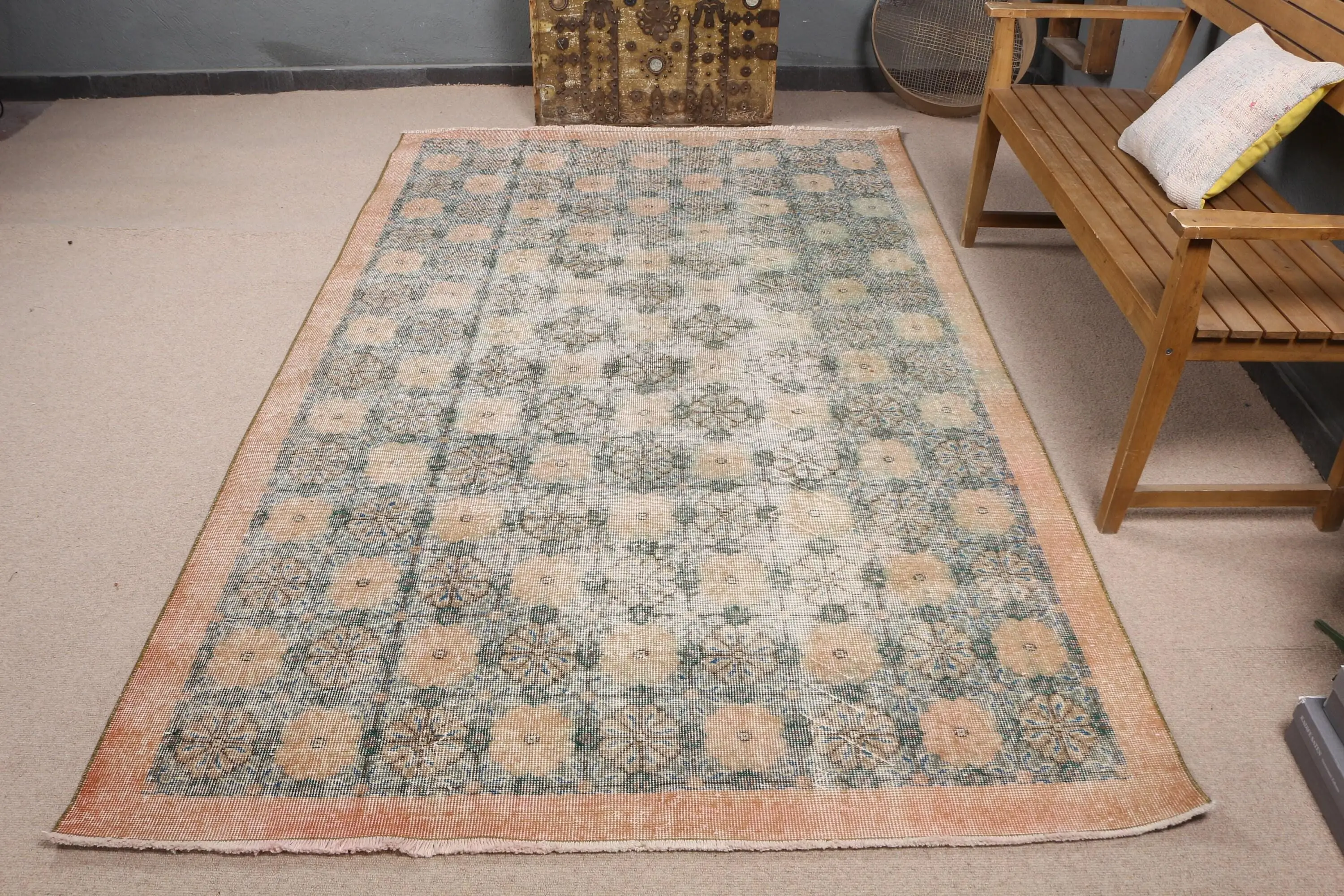 Vintage Türk Halısı, 5.4x8.8 ft Büyük Halı, Mavi Düz Halı - 1