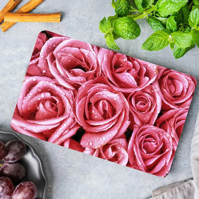 Gül Desenli, Kaymaz Ayaklı Modern Cam Kesim Tahtası