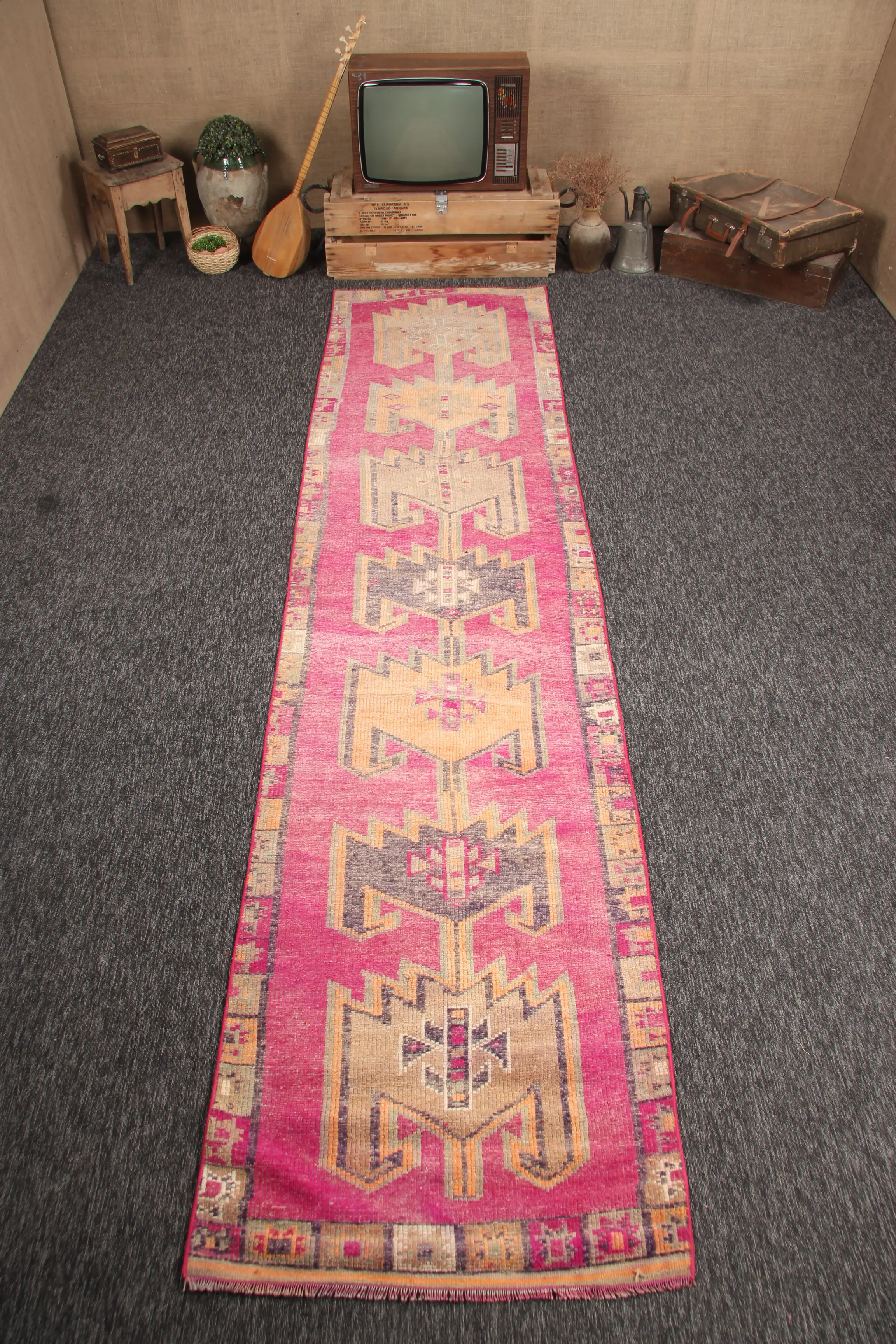 2.9x12.6 ft Turkish Rug, Vintage Small Rug, Pink Beige Geometric Rug - 1