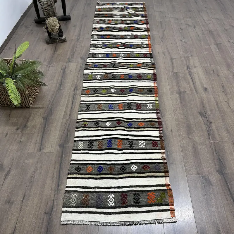 Turkish Vintage Runner Rug 2.3x11.1 ft, Gray White Patchwork Rug - 1