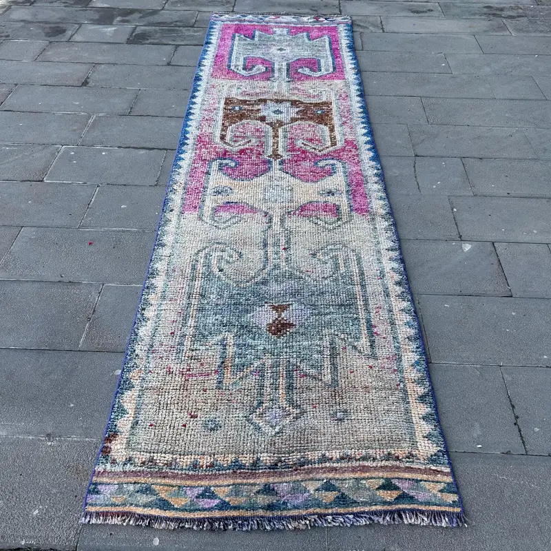 Vintage Rug, 3.1x11.4 ft Runner Rug, Blue Abstract Wool Turkish Rug - 1