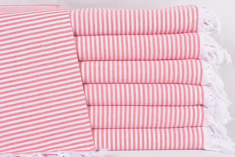 Beach Towel Monogrammed Turkish Organic Cotton Light Red Stripes, 67x36 Inches