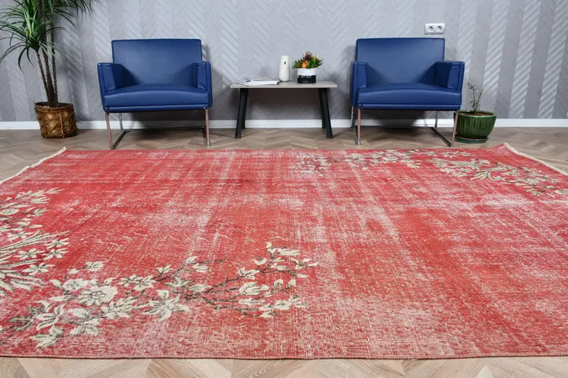 Vintage Türk Büyük Halı 6.9x10 ft, Kırmızı Yün Halı