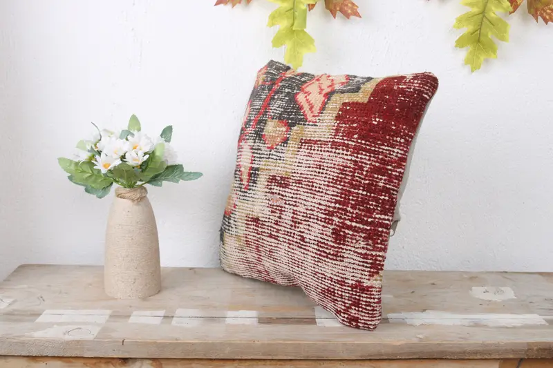 Throw Kilim Pillow, Vintage Kilim Throw Pillow, Pillow Cover, 12x12 Red Pillow, Accent Throw Cushion Case, Boho Chic Cushion Case, Pillow for Couch - 4