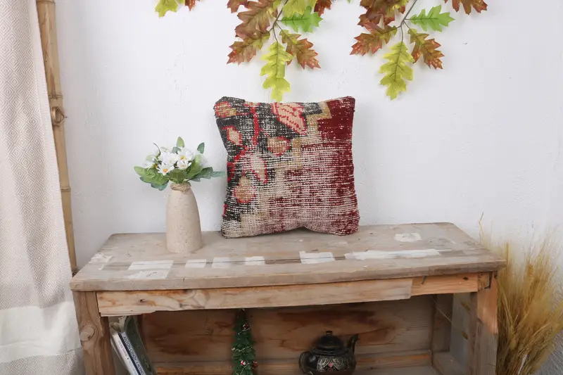 Throw Kilim Pillow, Vintage Kilim Throw Pillow, Pillow Cover, 12x12 Red Pillow, Accent Throw Cushion Case, Boho Chic Cushion Case, Pillow for Couch - 1