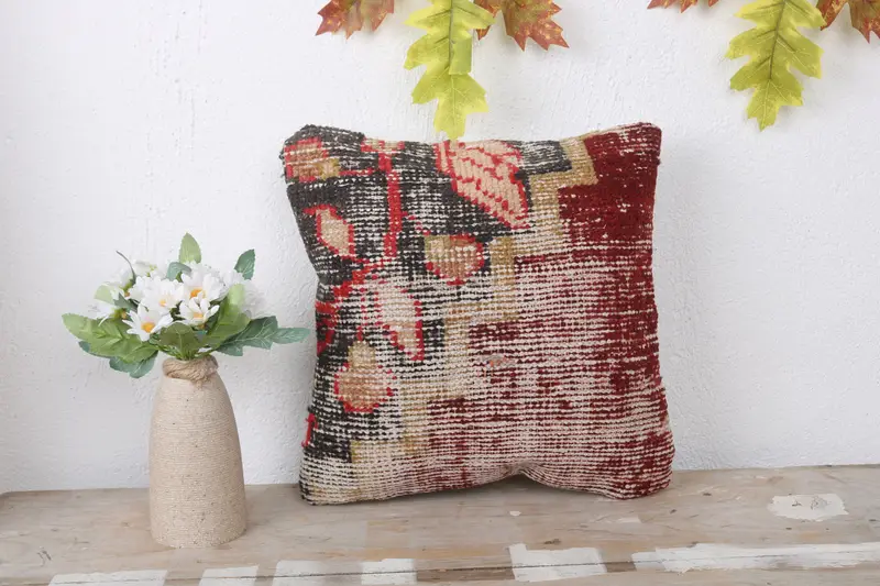 Throw Kilim Pillow, Vintage Kilim Throw Pillow, Pillow Cover, 12x12 Red Pillow, Accent Throw Cushion Case, Boho Chic Cushion Case, Pillow for Couch - 2