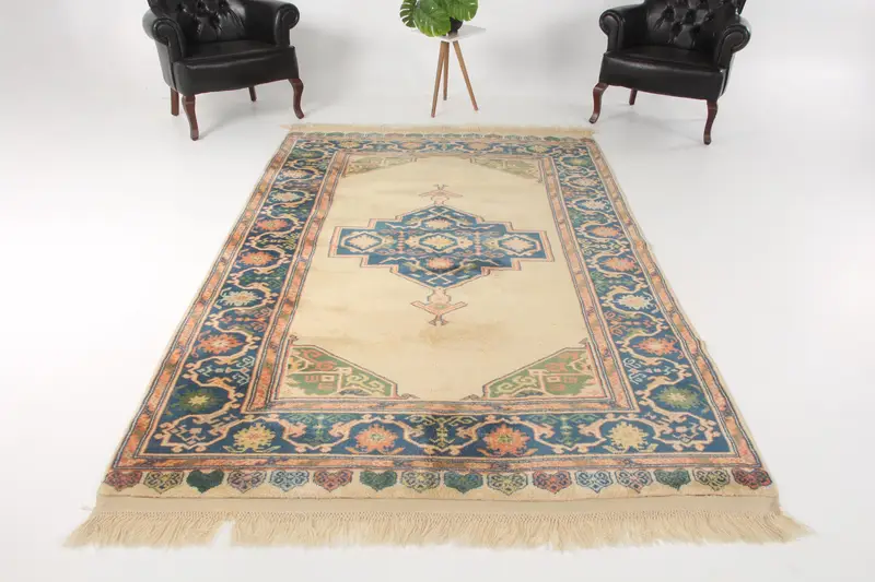 Vintage Türk Büyük Halı 5.7x9.4 ft, Oushak Mavi Yün Halı - 1