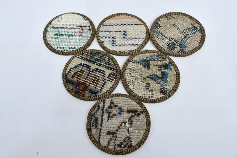 Elegant Blue and Beige Kilim Coasters, Non-Slip Table Coasters