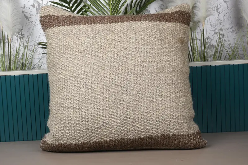 Bej & Kahverengi Çizgili Kırlent, İşlemeli Vintage Kırlent