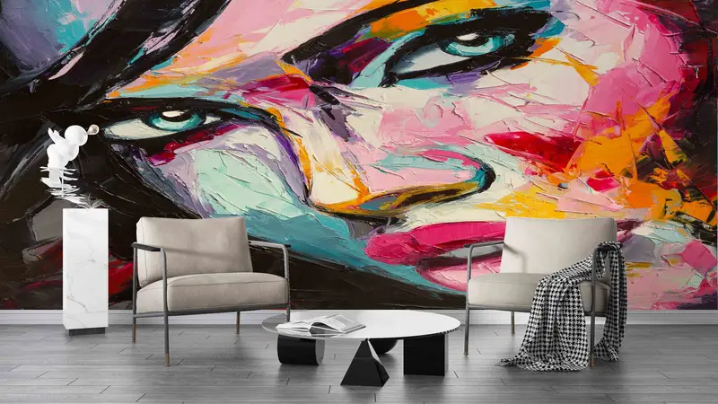 Modern Wall Painting, Abstract Woman Painting Wallpaper, Pink Wall Painting, Wall Decorations, Woman Portrait Wall Mural, Layered Paper Art, - 2
