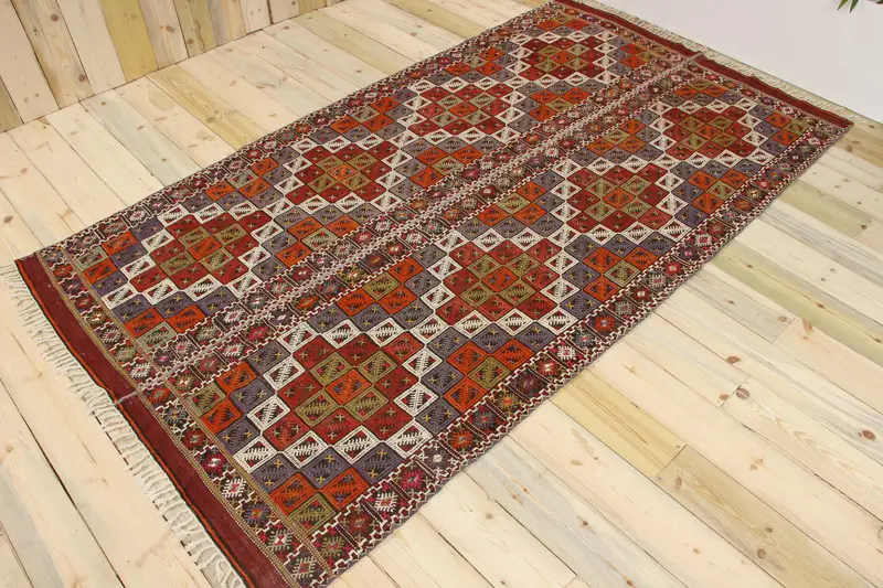 Turkish Vintage Area Rug 4.7x8.5 ft, Red Brown Striped Wool Rug - 1