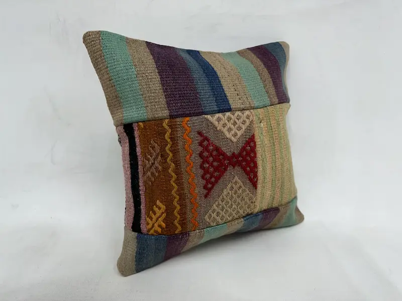 Ethnical Kilim Rug Pillow, Cushion Case, Gift Pillow, Turkish Kilim Pillow, 16x16 Beige Pillow Sham, Kilim Rug Cushion Cover - 3