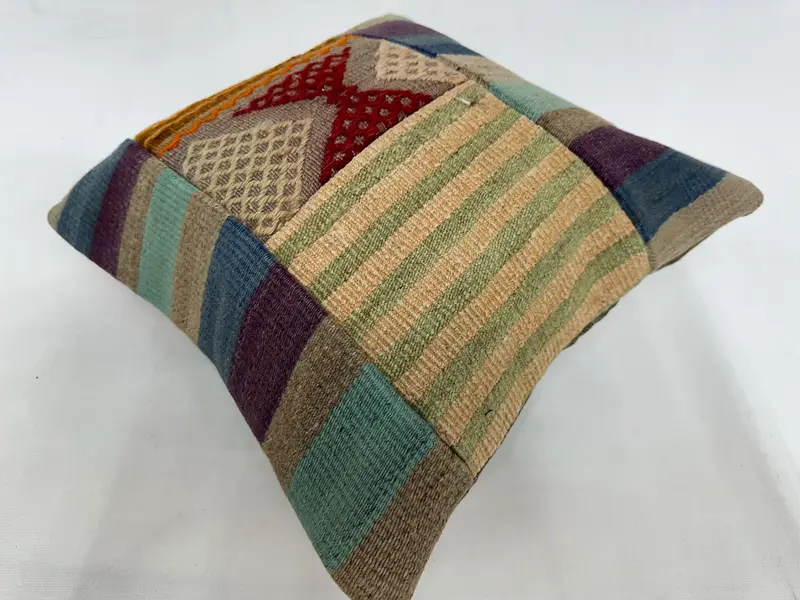 Ethnical Kilim Rug Pillow, Cushion Case, Gift Pillow, Turkish Kilim Pillow, 16x16 Beige Pillow Sham, Kilim Rug Cushion Cover - 6