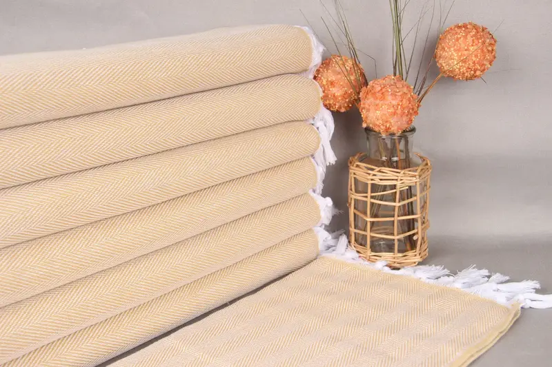 Cotton Woven Tea Towel Mustard Herringbone, Beige, 18x34 Inches