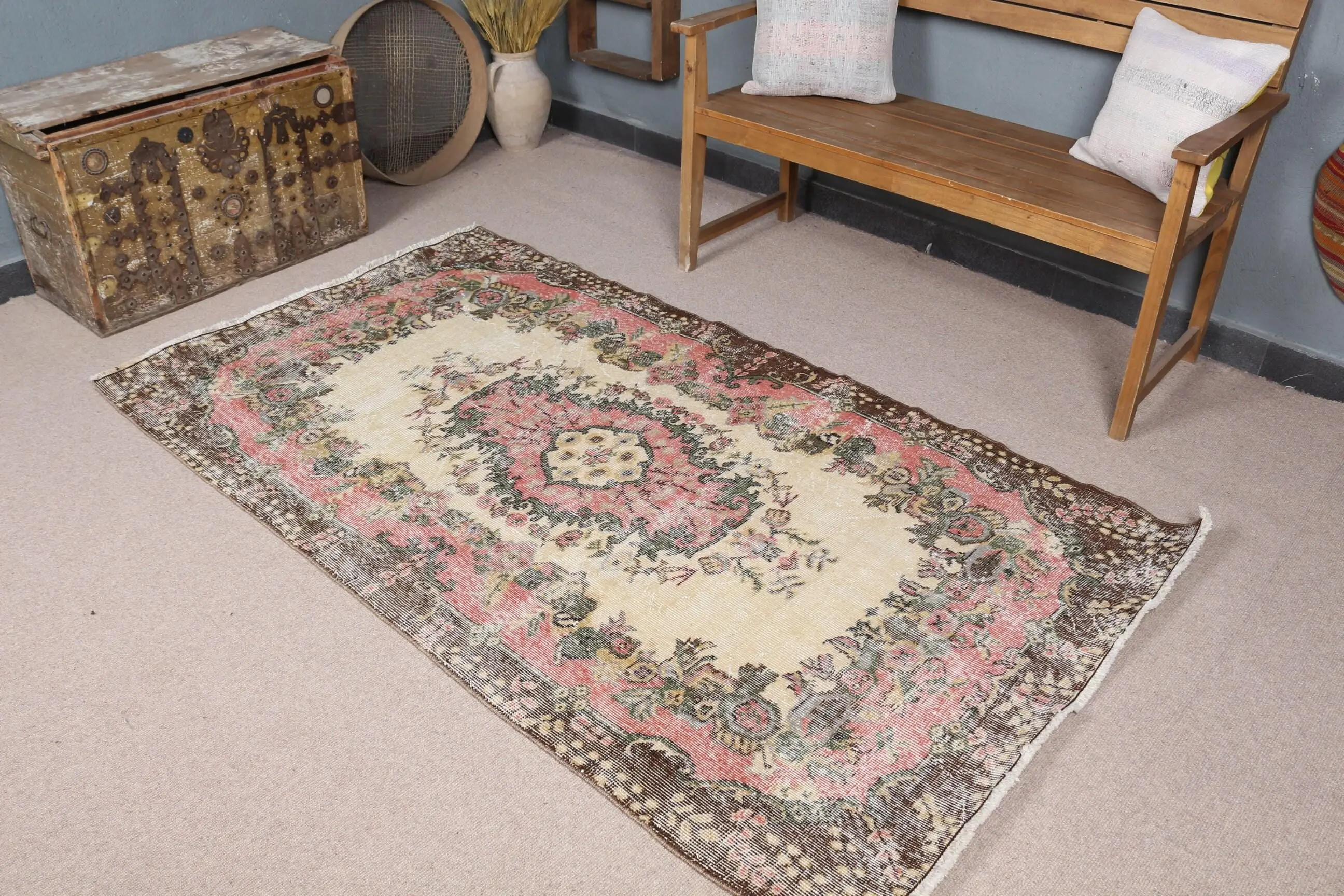 3.8x6.8 ft Türk Halısı, Vintage Alan Halısı, Kırmızı Patchwork Yün Halı - 1