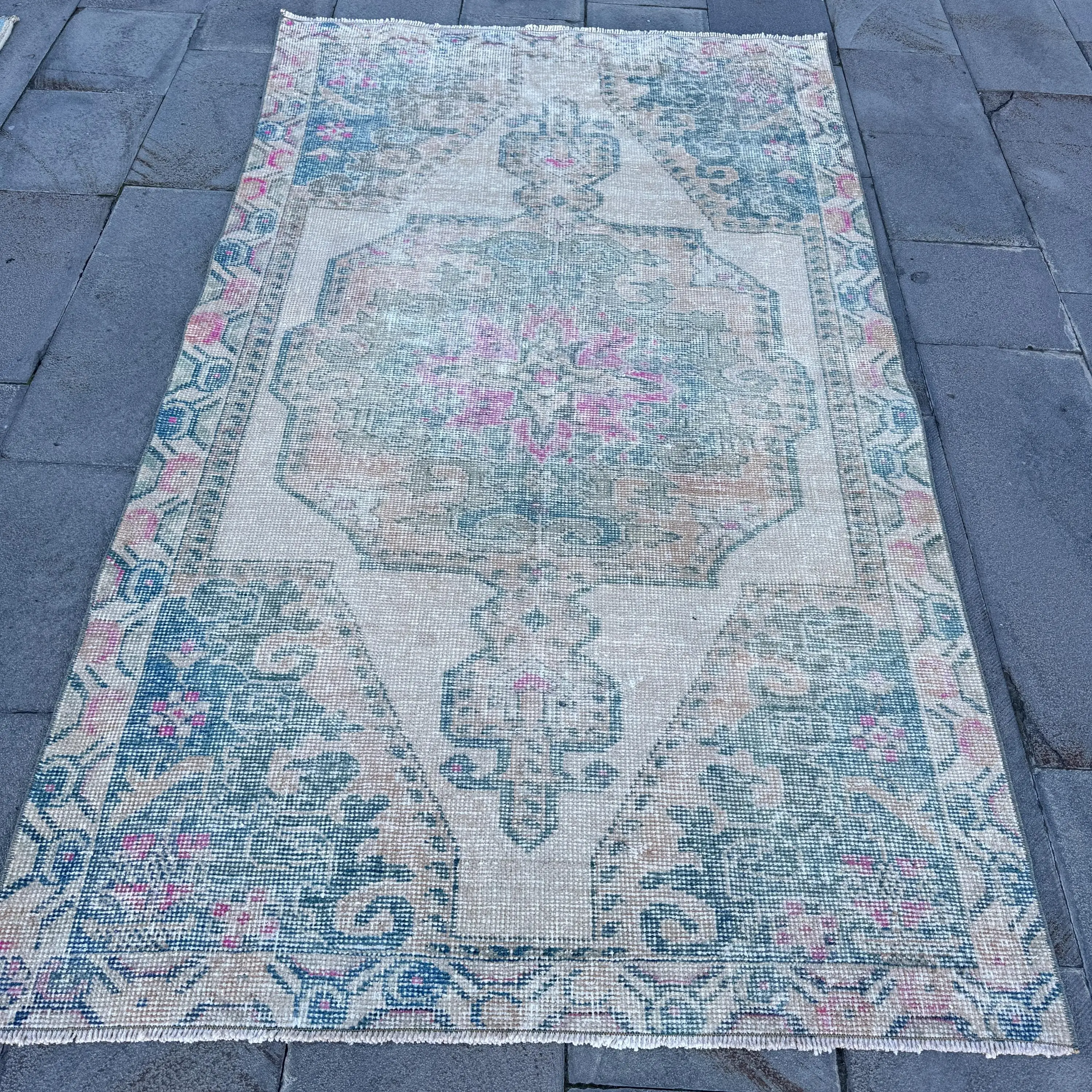 Vintage 4.1x7.3 ft Rug, Turkish Rug, Blue Plants & trees Wool Rug - 1