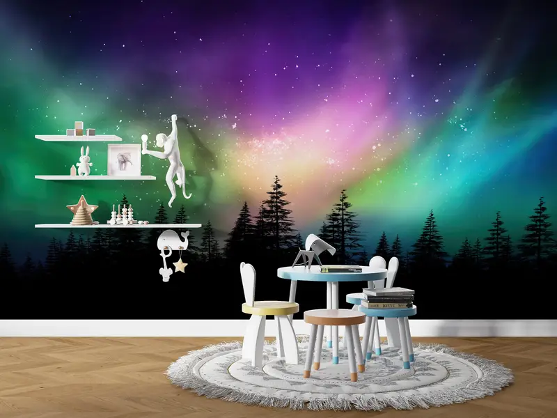 Sky Mural, Nature Wall Mural, Tree Wall Painting, Aurora Borealis Wall Painting, Starry Sky Wall Art, Northern Light Wall Decor, - 5