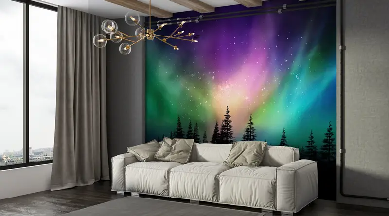 Sky Mural, Nature Wall Mural, Tree Wall Painting, Aurora Borealis Wall Painting, Starry Sky Wall Art, Northern Light Wall Decor, - 6