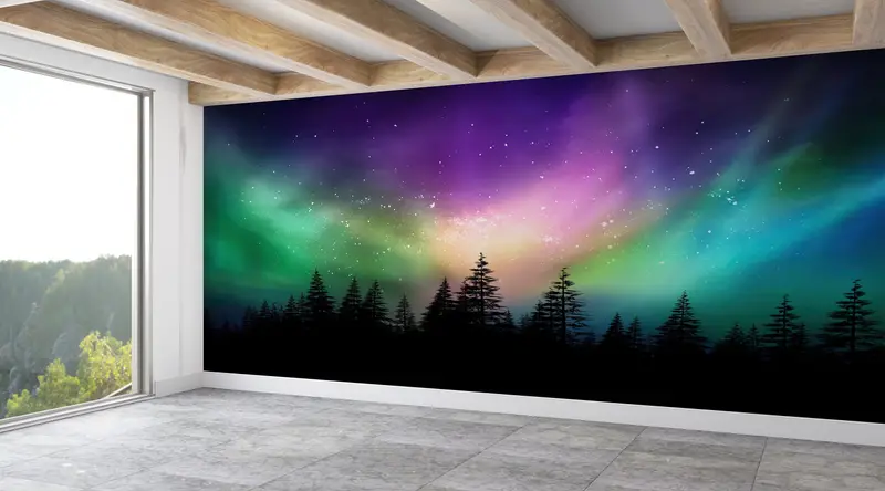 Sky Mural, Nature Wall Mural, Tree Wall Painting, Aurora Borealis Wall Painting, Starry Sky Wall Art, Northern Light Wall Decor, - 1