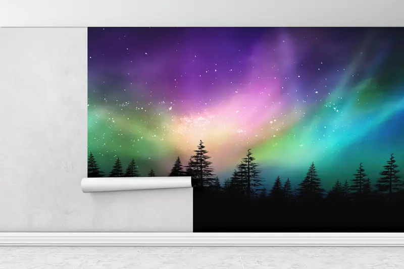 Sky Mural, Nature Wall Mural, Tree Wall Painting, Aurora Borealis Wall Painting, Starry Sky Wall Art, Northern Light Wall Decor, - 9